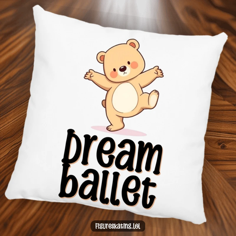 Funny pillow design of a bear cub performing a graceful pirouette, offering plush humor and dance-themed comfort.