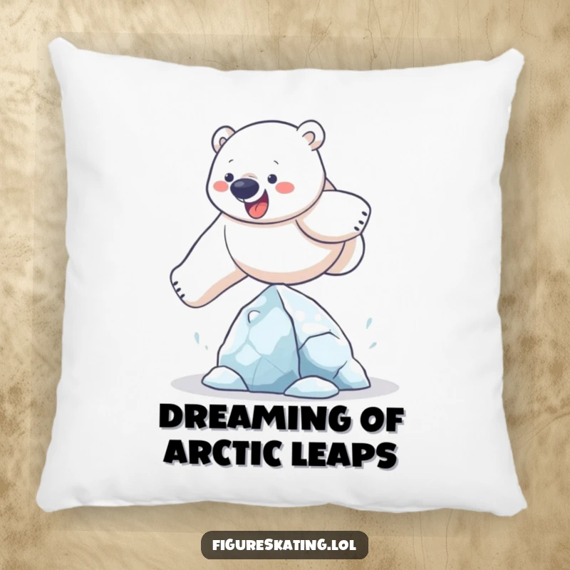 Funny polar bear pillow featuring a determined bear humorously leaping over a delicate ice sculpture, perfect for adding comfort and laughs.