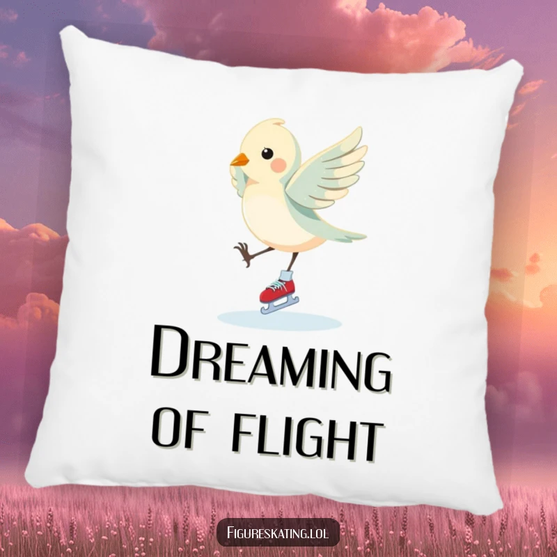 Funny Bird Pillow: A fluttering bird performs an elegant pirouette on ice skates, offering soft comfort and whimsical humor, a delightful funny gift.