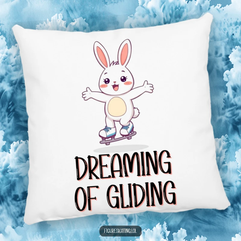 Funny pillow depicting a happy bunny gliding on skates with arms wide open, great for cozying up with joy.