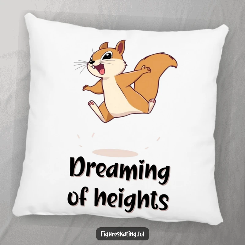Funny squirrel pillow featuring a determined squirrel leaping with joy, adding a humorous and cozy touch to any room's decor.
