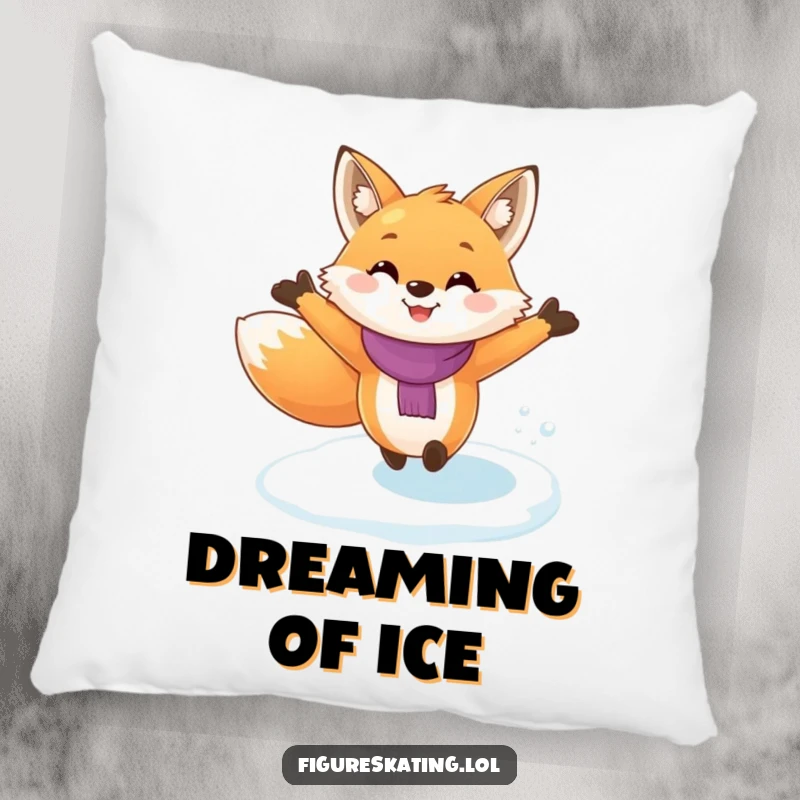 Funny fox ice skating pillow, depicting a playful fox gliding across ice with arms wide, offering a plump, humorous touch to any space.