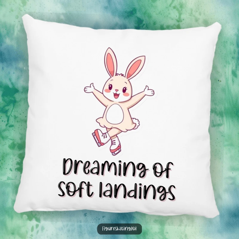 Funny pillow design of a cheerful bunny gracefully twirling on ice skates with elegant, extended arms.