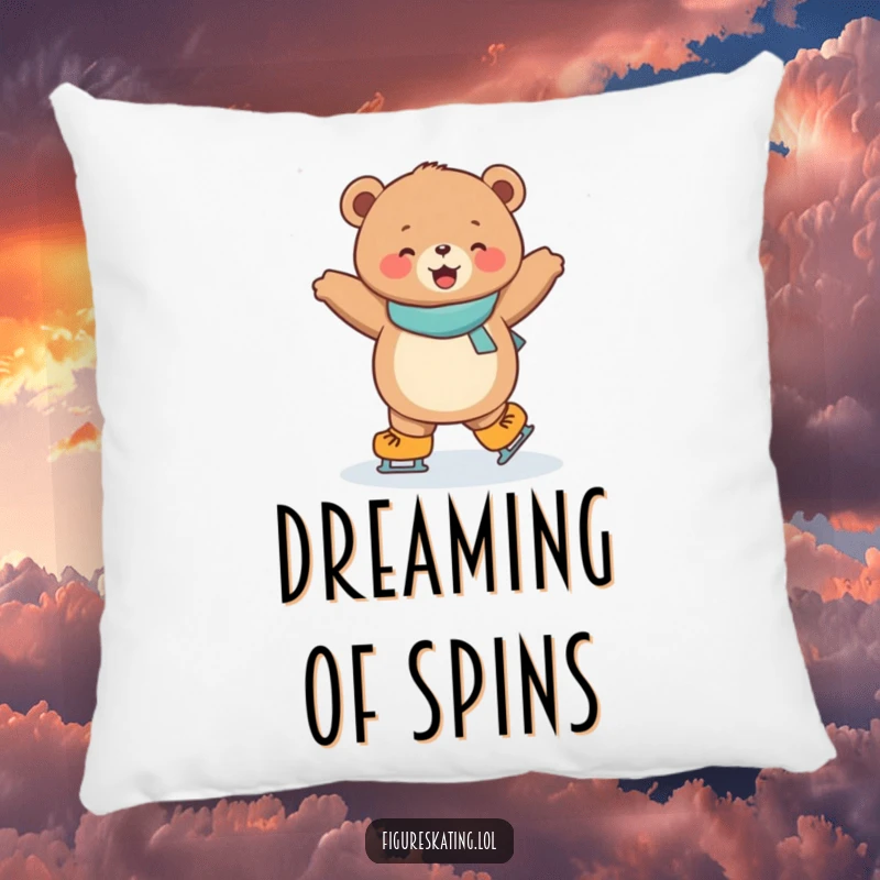 Funny pillow with a joyful, round bear cub spinning on ice skates, offering comfort and winter cheer.