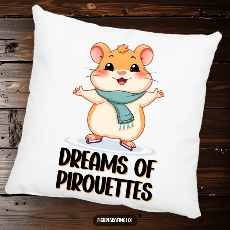 Funny smiling hamster in a graceful ice skating pose on a soft pillow, bringing comfort and amusement.
