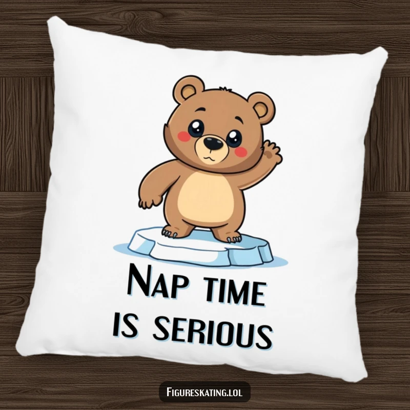 Funny Bear Pillow: A confident bear strikes a dramatic pose on ice skates, offering plush comfort and funny athletic humor, a perfect funny gift.