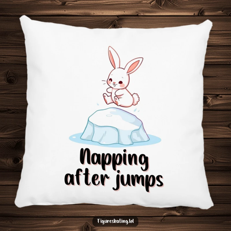 Funny bunny gracefully leaping from an ice patch on a soft pillow, offering comfort and playful vibes.