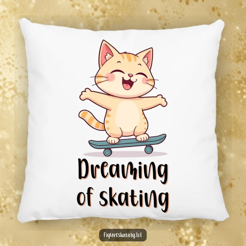 Funny pillow featuring a joyful cat skating backwards with a proud smile, offering comfort with a dash of feline coolness.
