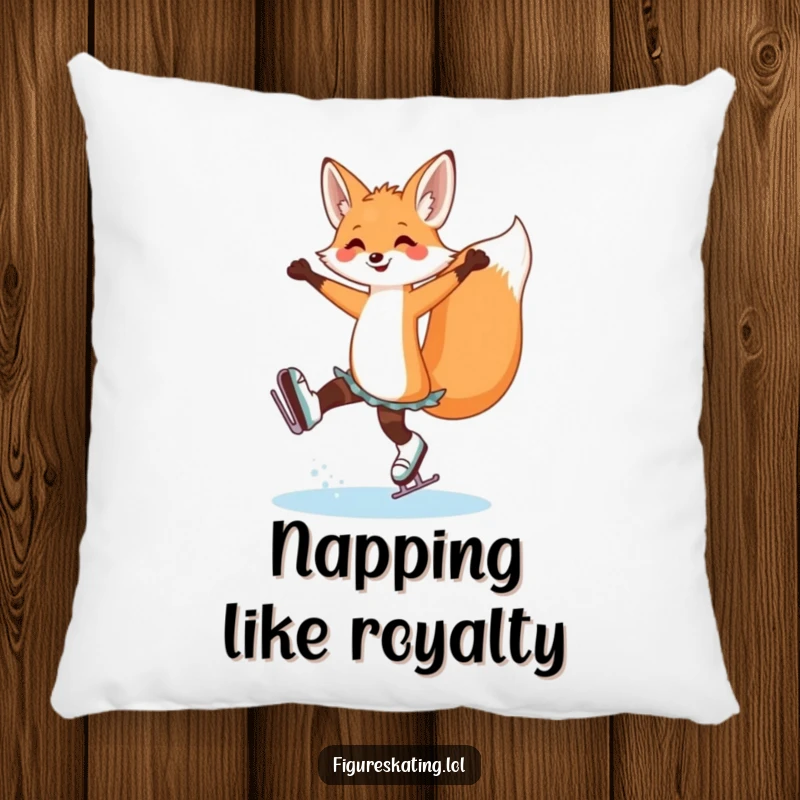 Funny fox ice skating pillow featuring a graceful fox in an arabesque pose, symbolizing elegance and playful spirit.