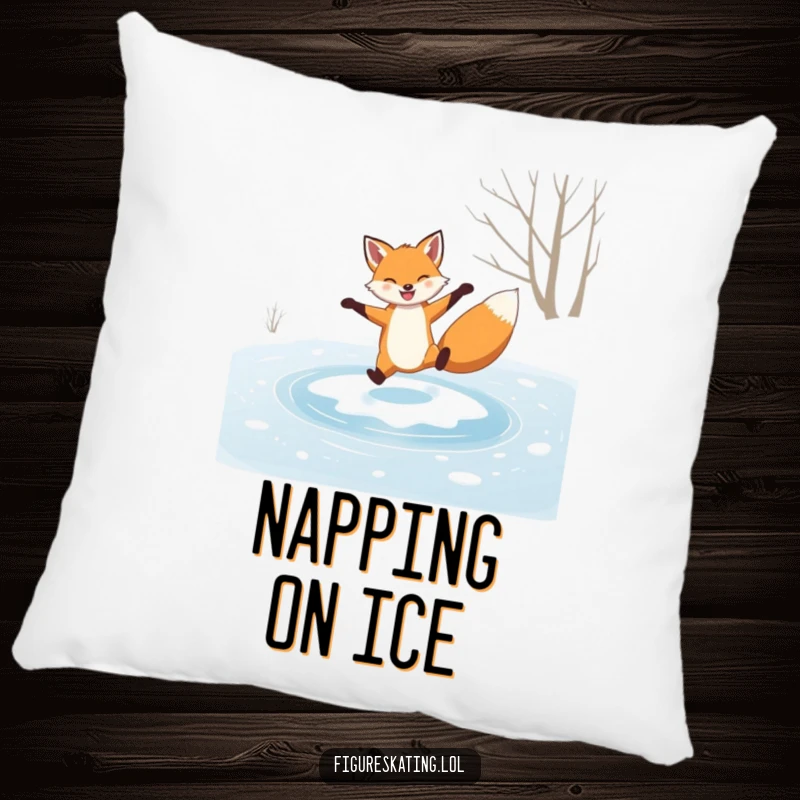 Funny pillow, grinning fox performing a graceful spin on a frozen pond, offering cozy humor and winter charm.