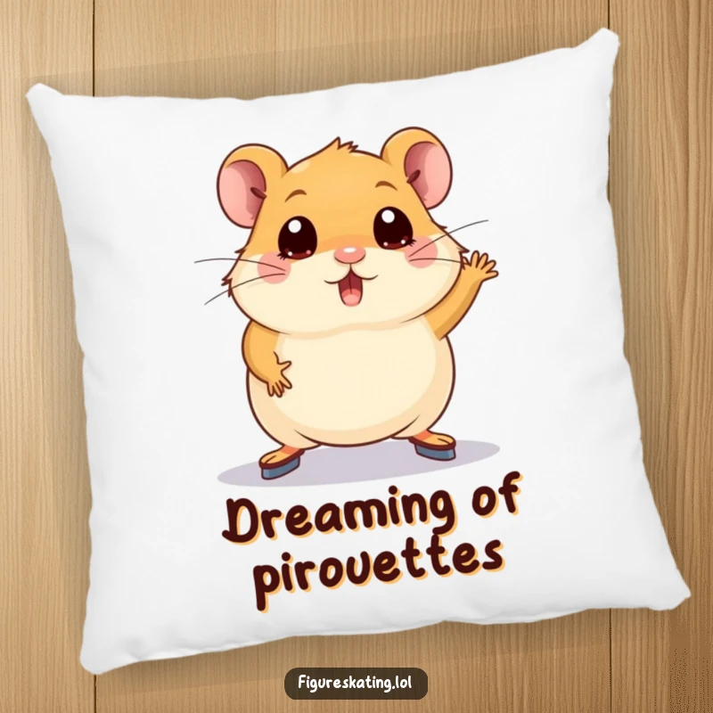 Funny hamster pillow showing a plump hamster with wide eyes attempting a figure skating pose, for decorative comfort and humor.