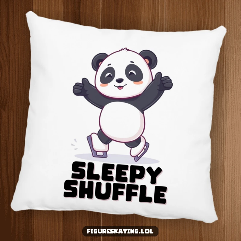Funny pillow design of a panda joyfully shuffling on tiny ice skates, offering plush humor and comfort.