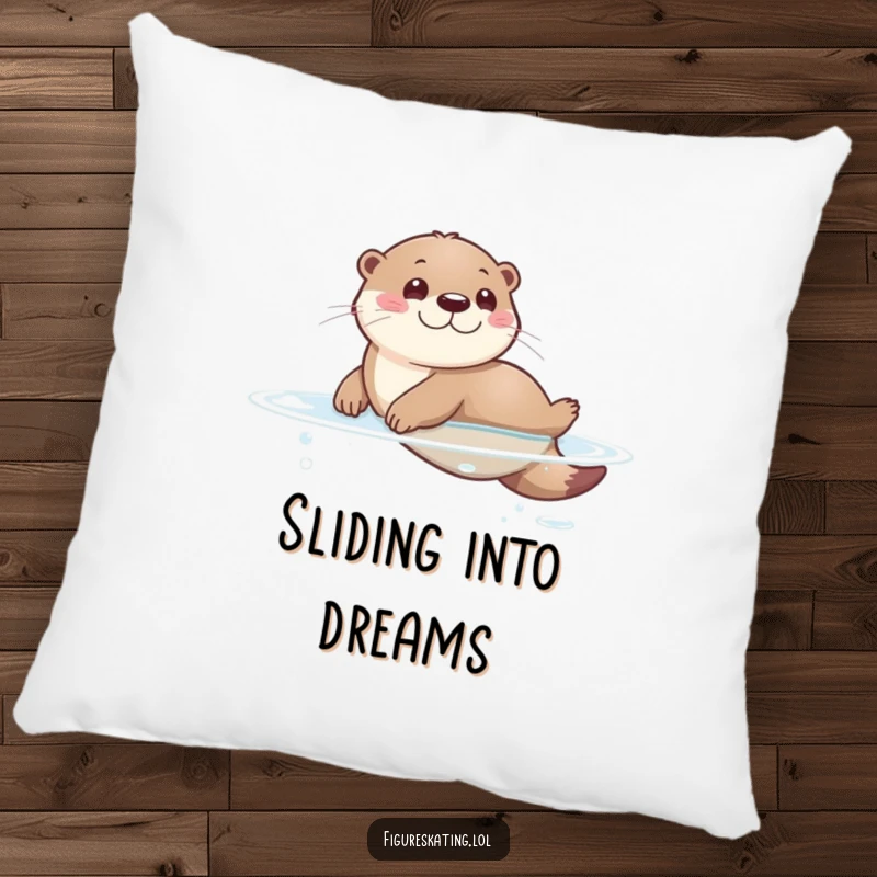 Funny pillow with a cute otter sliding joyfully on a glassy surface, offering comfort and a splash of playful humor.