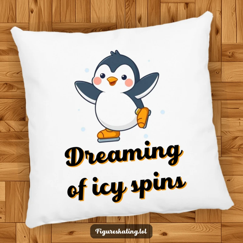 Funny Penguin Pillow: Soft pillow featuring a happy penguin gracefully spinning on ice skates, offering comfort and wintery charm.