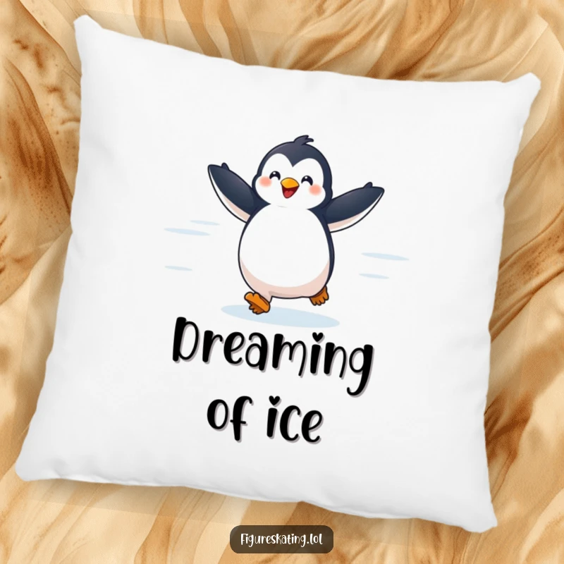 Funny pillow featuring a delighted penguin gliding across ice with arms outstretched, offering comfort and cheerful winter vibes.