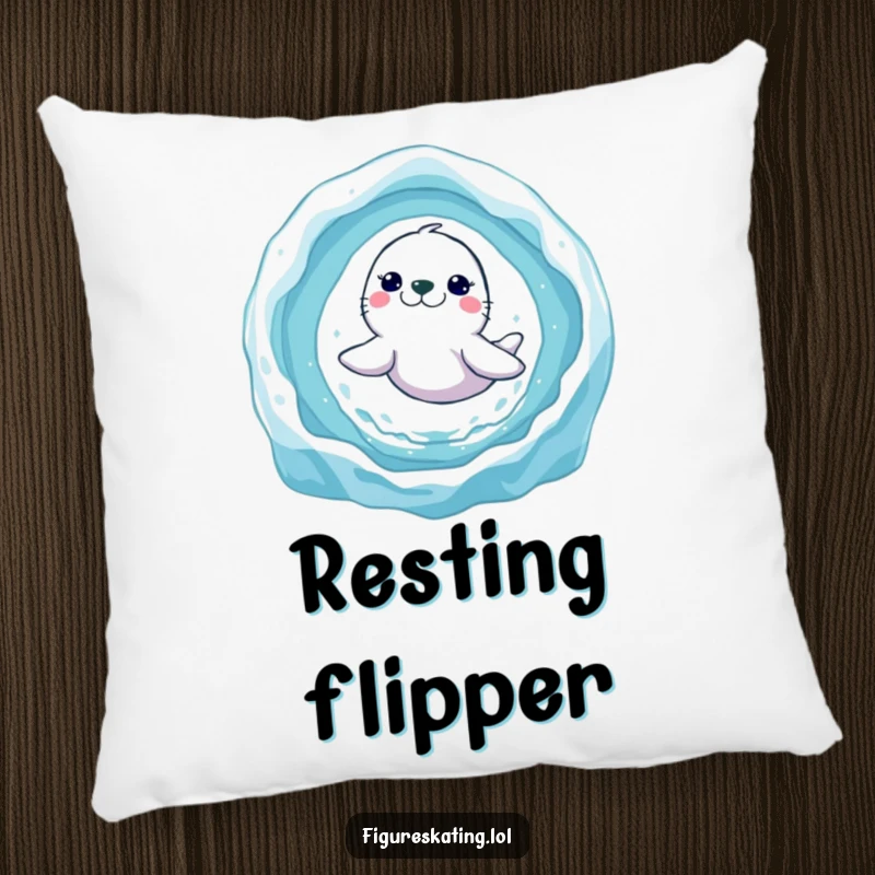 Funny seal ice ring pillow featuring a joyful seal in mid-air, perfectly poised to leap through a shimmering ice circle.