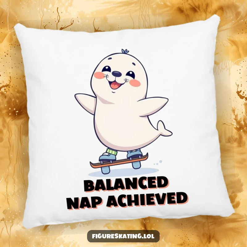 Funny Seal Skate Pillow, depicting a curious seal balancing on one skate with a wide grin, adding humorous comfort to home decor.