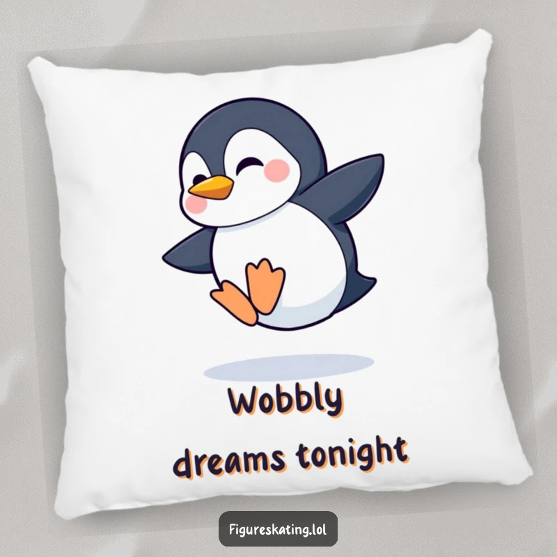 Funny pillow design of a shy penguin attempting a wobbly jump with a grin, embodying cute effort and bravery.