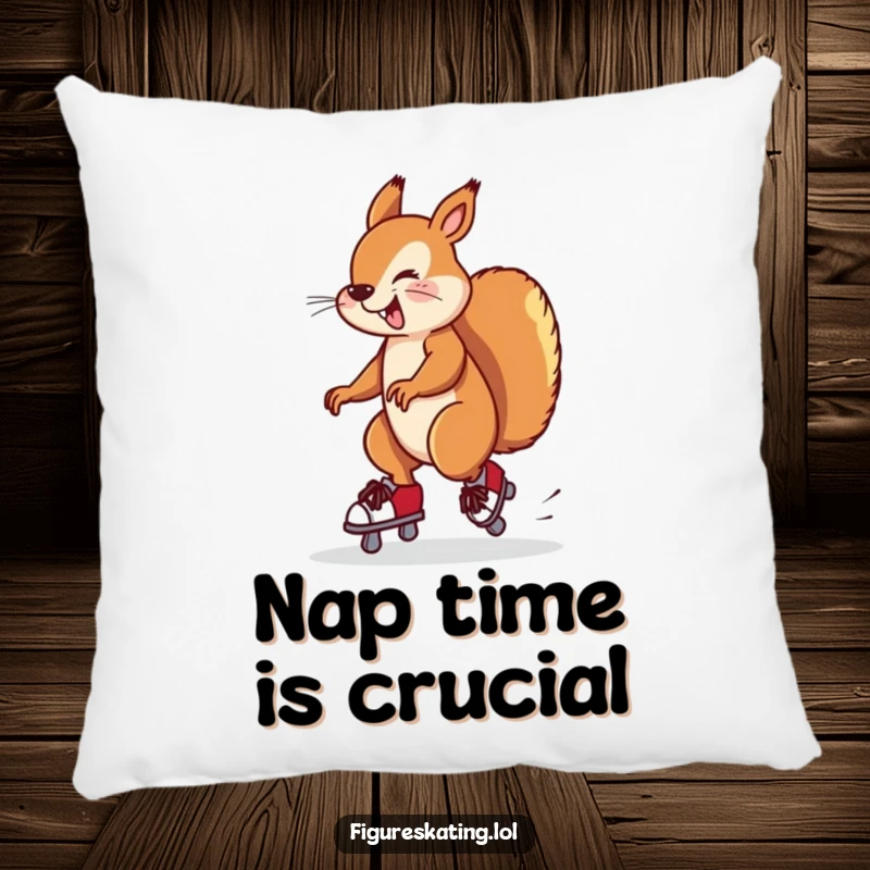 Funny pillow illustration showing a silly squirrel spinning on skates and losing balance. A soft, humorous gift.