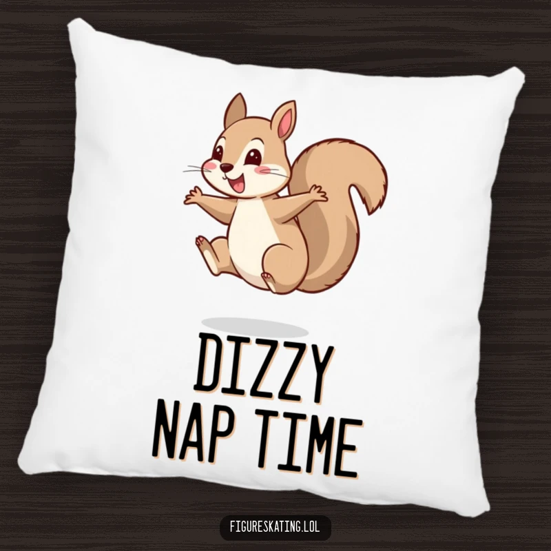 Funny pillow featuring a cheerful squirrel landing a perfect, balanced spin on one foot, bringing comfort and humor.