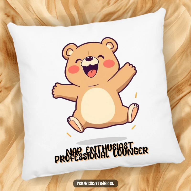 Funny Bear Pillow featuring a happy cartoon bear executing a triple jump with gusto, designed for cozy relaxation.