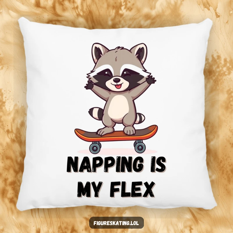 Funny Raccoon One Skate Pillow: A mischievous raccoon resting playfully on one skate, arms akimbo, offering comfort.