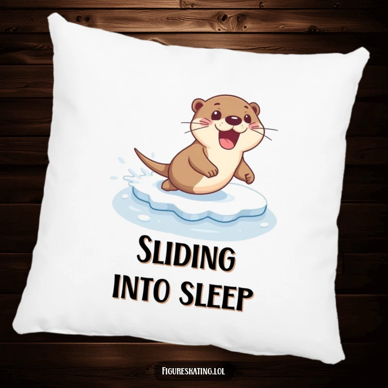 Funny pillow design of an excited otter sliding across ice with a flourish, embodying playful energy and joy.