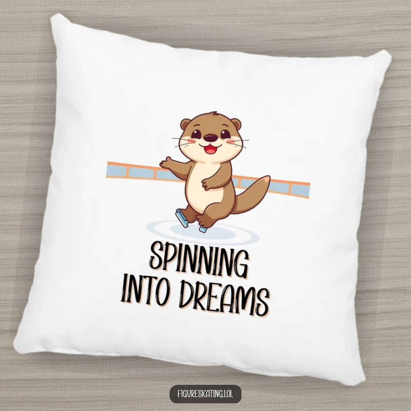 Funny pillow depicting a joyful otter elegantly spinning on ice, great for cozying up with a smile.