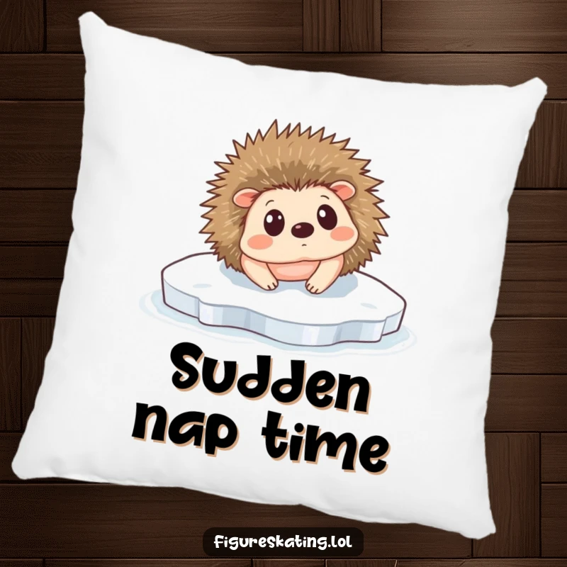 Funny Hedgehog Ice Slip Pillow: A tiny hedgehog comically slipping on ice, looking surprised, offering comfort.