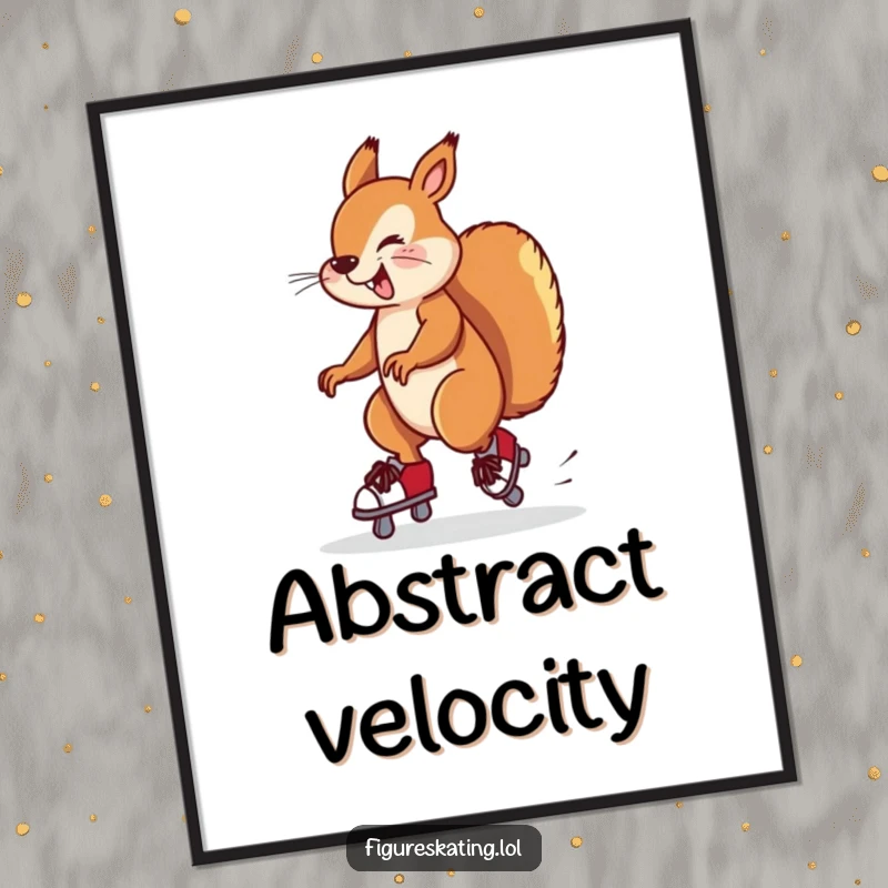 Funny digital art print of a silly squirrel twirling on ice skates, nearly falling. High-resolution humorous illustration.