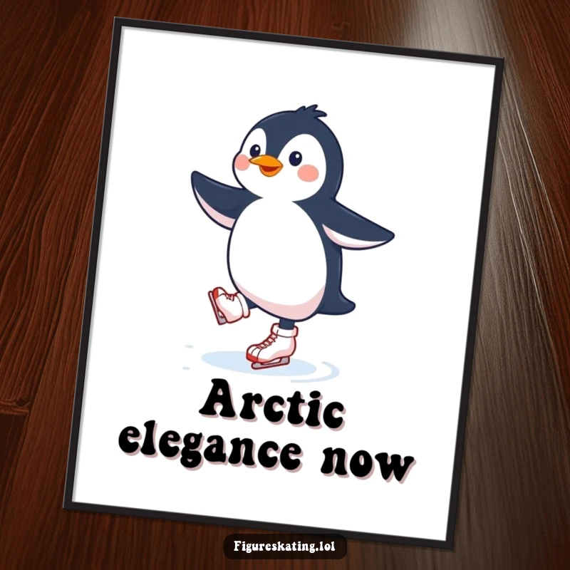 Funny penguin ice skating digital art print capturing a joyful penguin performing a graceful twirl, perfect for online sharing or printing.
