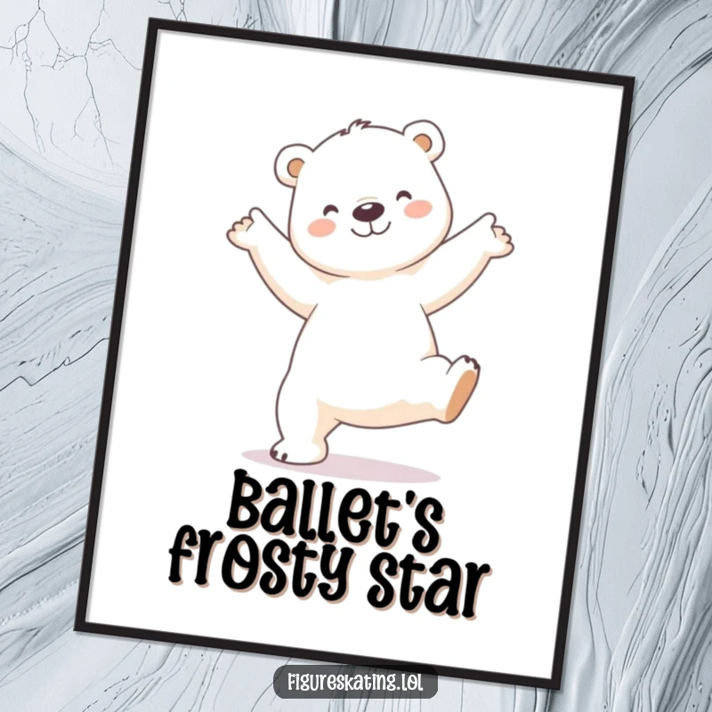 Funny Polar Bear Digital Art: Printable artwork of a smiling polar bear performing a delicate arabesque pose, delivering instant elegance.