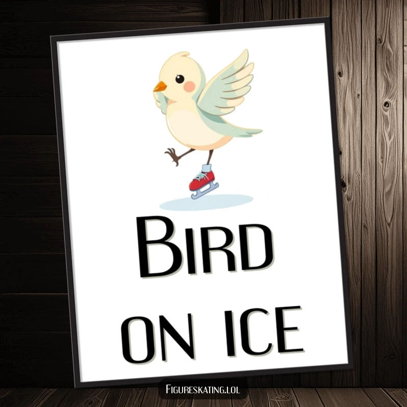 Funny Bird Digital Art Print: A fluttering bird performs an elegant pirouette on ice skates, showcasing graceful humor and whimsical charm for wall decor, a funny gift.