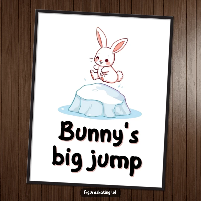 Funny bunny gracefully leaping from an ice patch, depicted as playful digital art for cheerful and cute decor.