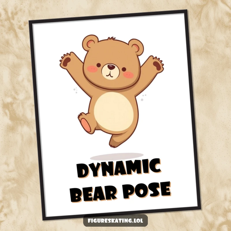 Funny digital art of a curious bear mid-graceful jump with tucked legs, perfect for printable wall decor.