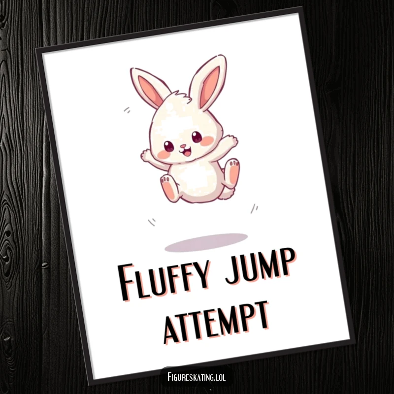 Funny digital art print of a fluffy bunny attempting a wobbly triple jump, showcasing effort and adorable humor.