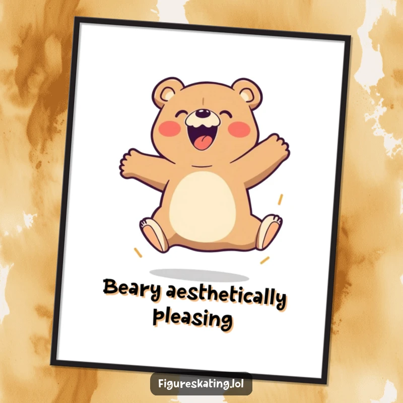 Funny Bear Digital Art Print of a beaming cartoon bear attempting a triple jump with great gusto, ready for download.