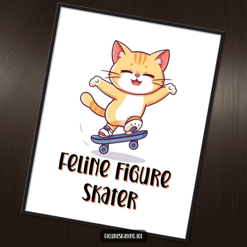 Funny cat ice skating digital art print of a determined cat spinning on a skate, perfect for sharing or printing as humorous decor.