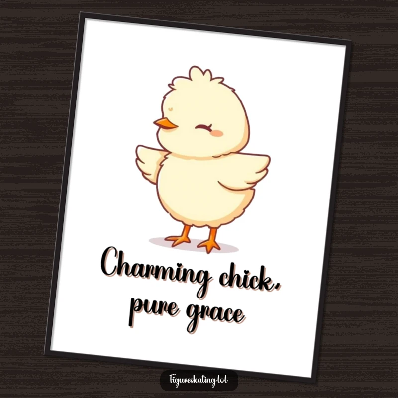Funny Chick Digital Art Print of a fluffy cartoon chick pirouetting with eyes closed in concentration, ready for download.