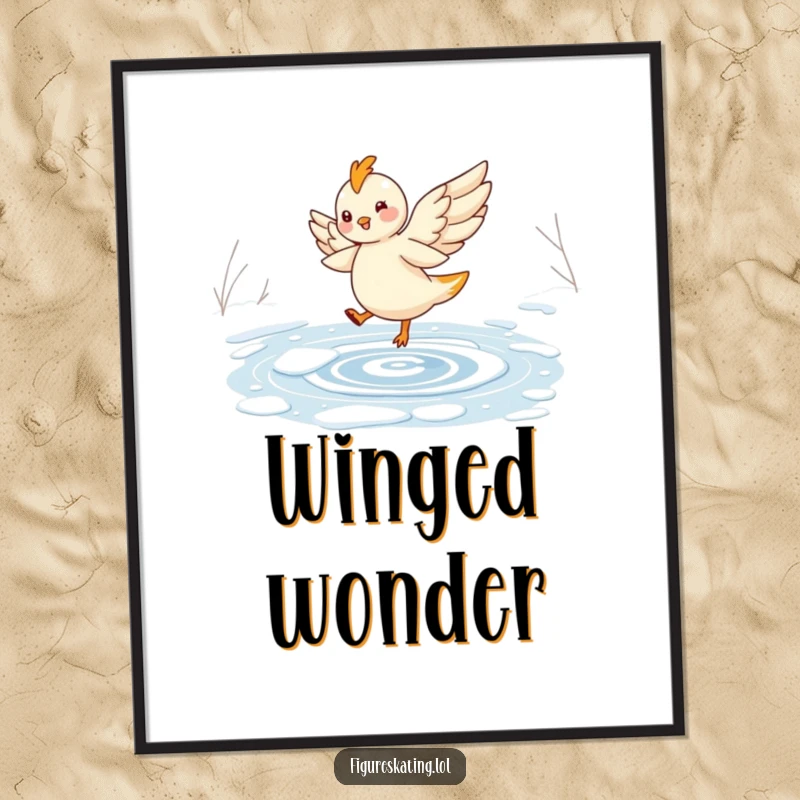 Funny digital art print of a cheerful, winged creature elegantly twirling on a frozen pond, ideal for instant decor.
