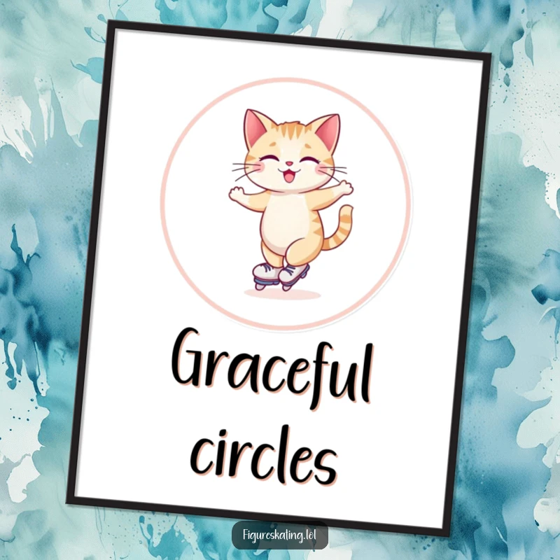 Funny digital art print of a giggling cat skating gracefully in a wide circle, embodying feline joy and elegance.