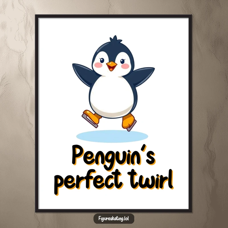 Funny happy penguin ice skating gracefully, depicted as cheerful digital art for festive and humorous decor.