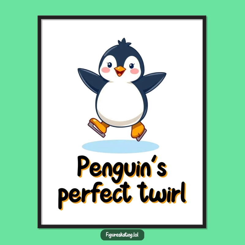 Funny Happy Penguin Ice Skating Digital Art: Printable Winter Cheer