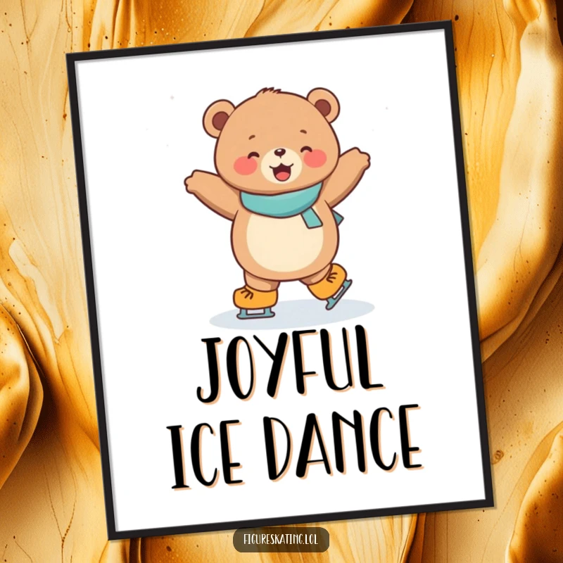 Funny digital art print of a joyful, round bear cub performing a dazzling spin on ice skates, radiating cheer.