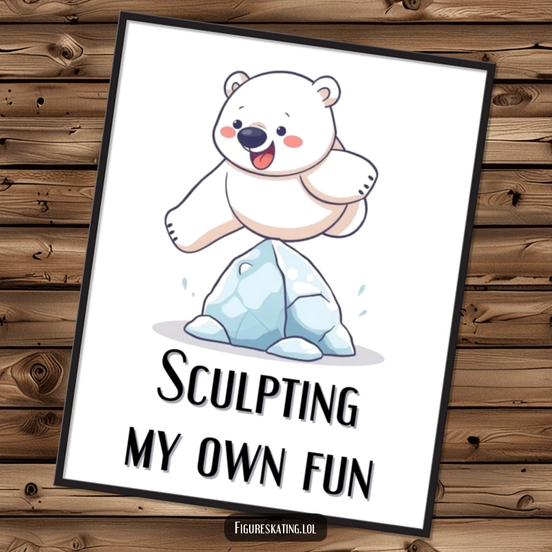 Funny polar bear digital art print showing a determined bear performing a comical leap over a small ice sculpture, for instant wall decor.