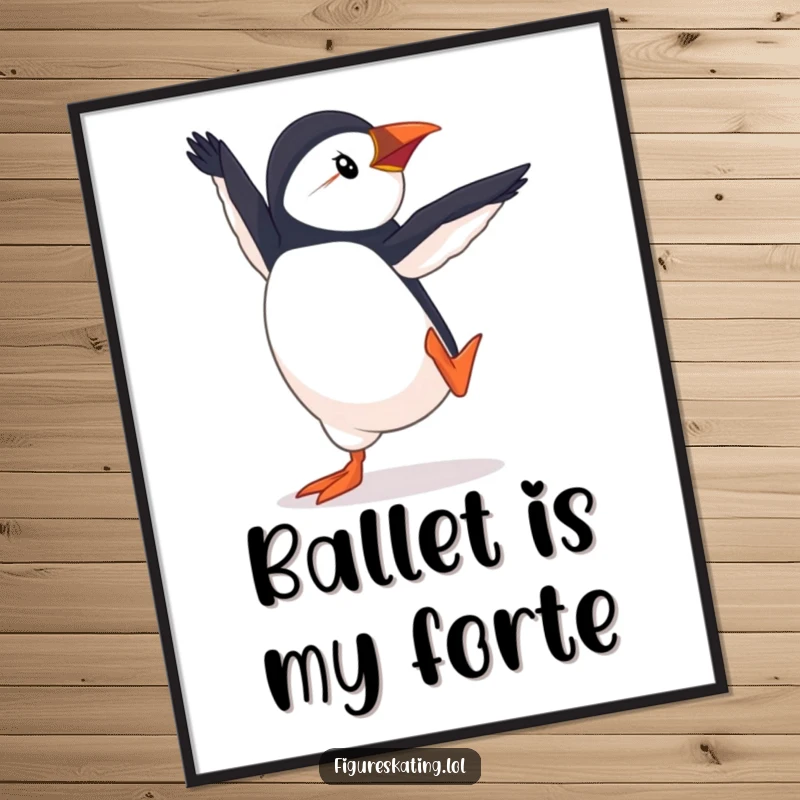 Funny Puffin Pirouette Digital Art Print, a determined puffin executing an elegant pirouette, offering artistic expression and humor for instant decor.