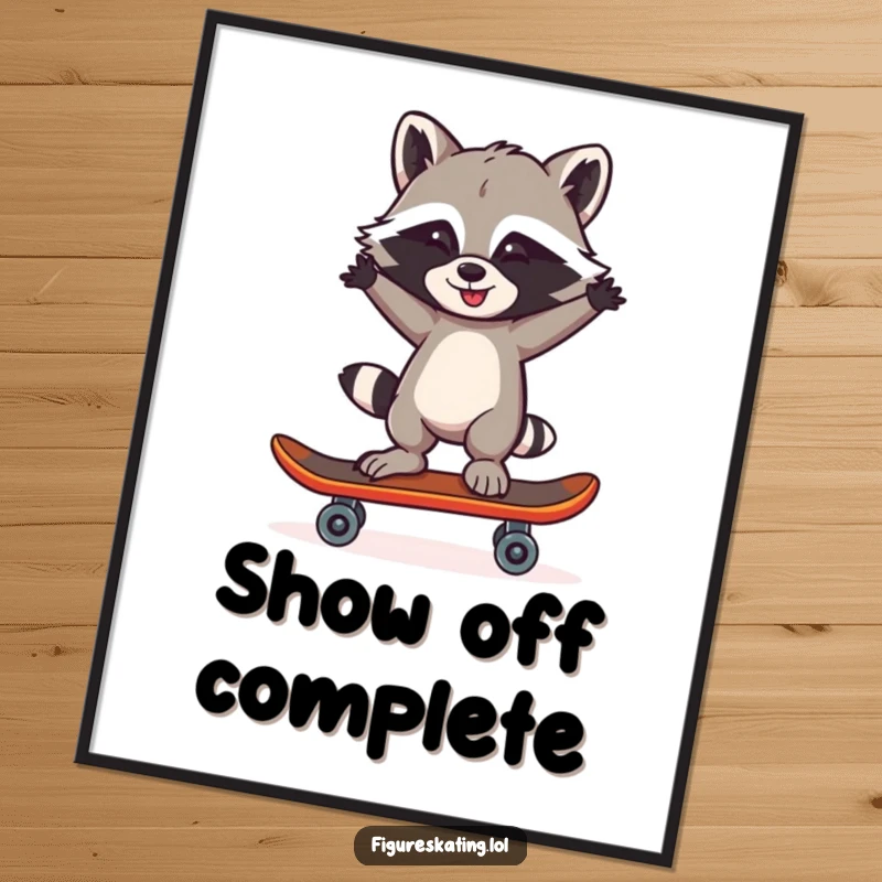 Funny Raccoon One Skate Digital Art Print: A mischievous raccoon balancing on one skate, arms akimbo, high-resolution humor.