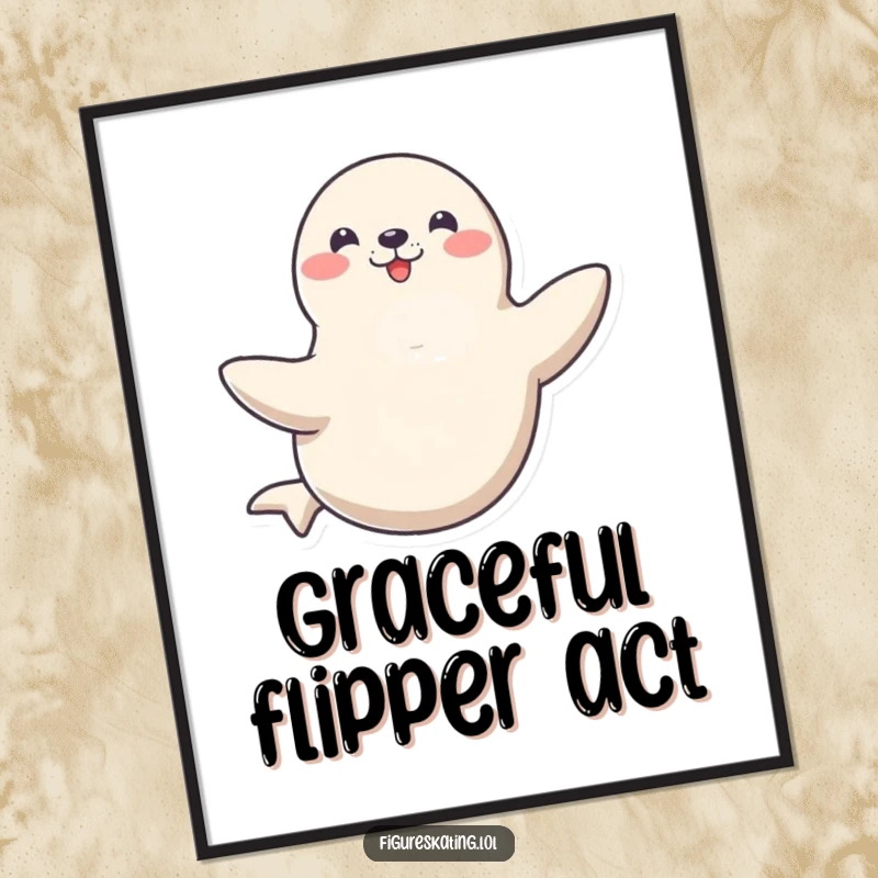 Funny digital art print of a happy seal spinning gracefully on one flipper, capturing the spirit of marine acrobatics and joy.