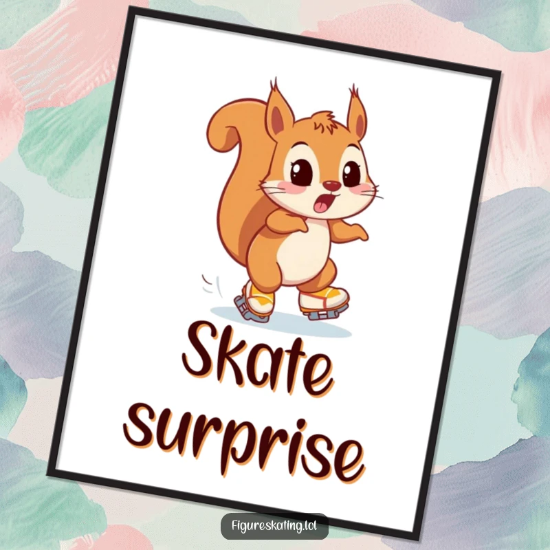 Funny digital art print of a playfully surprised squirrel narrowly avoiding a collision on ice skates, perfect for instant decor.