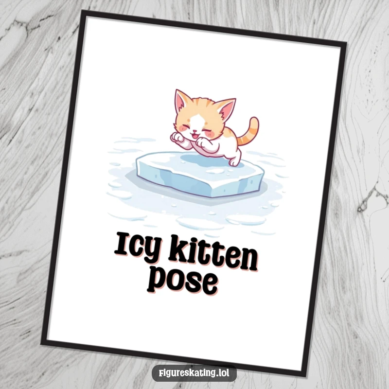 Funny kitten ice skating digital art print, capturing a cat poised on ice skates, bringing a vibrant, humorous, and adorable touch to any room.